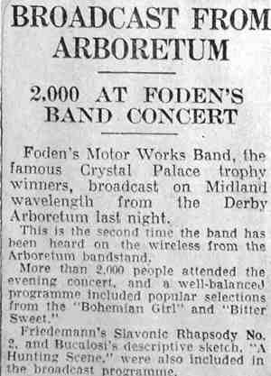 Derby Evening Telegraph September 1935 - Scanned news item. - Live BBC Broadcast from The Arboretum